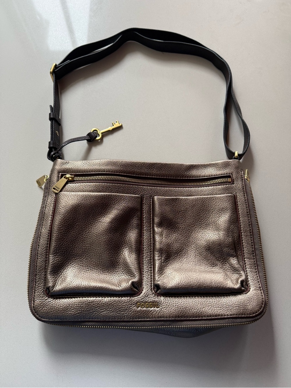 Fossil Metallic Pewter Brown Leather Crossbody Bag, Compression Zipper